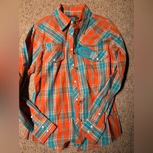 Vibrant Orange and Blue Plaid Women's Button Down Shirt new